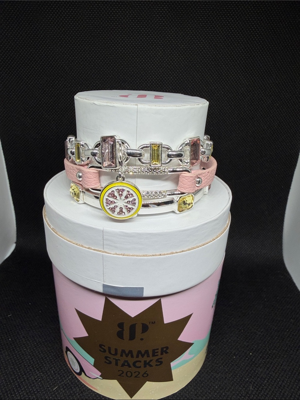 Summer Stacks 2026 Pink and Yellow Multi-Layer Bracelet with a grapefruit charm